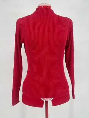 80s/90s VTG Red Ribbed Fitted Stretchy Silk Joseph A. Knit Mock Neck Sweater